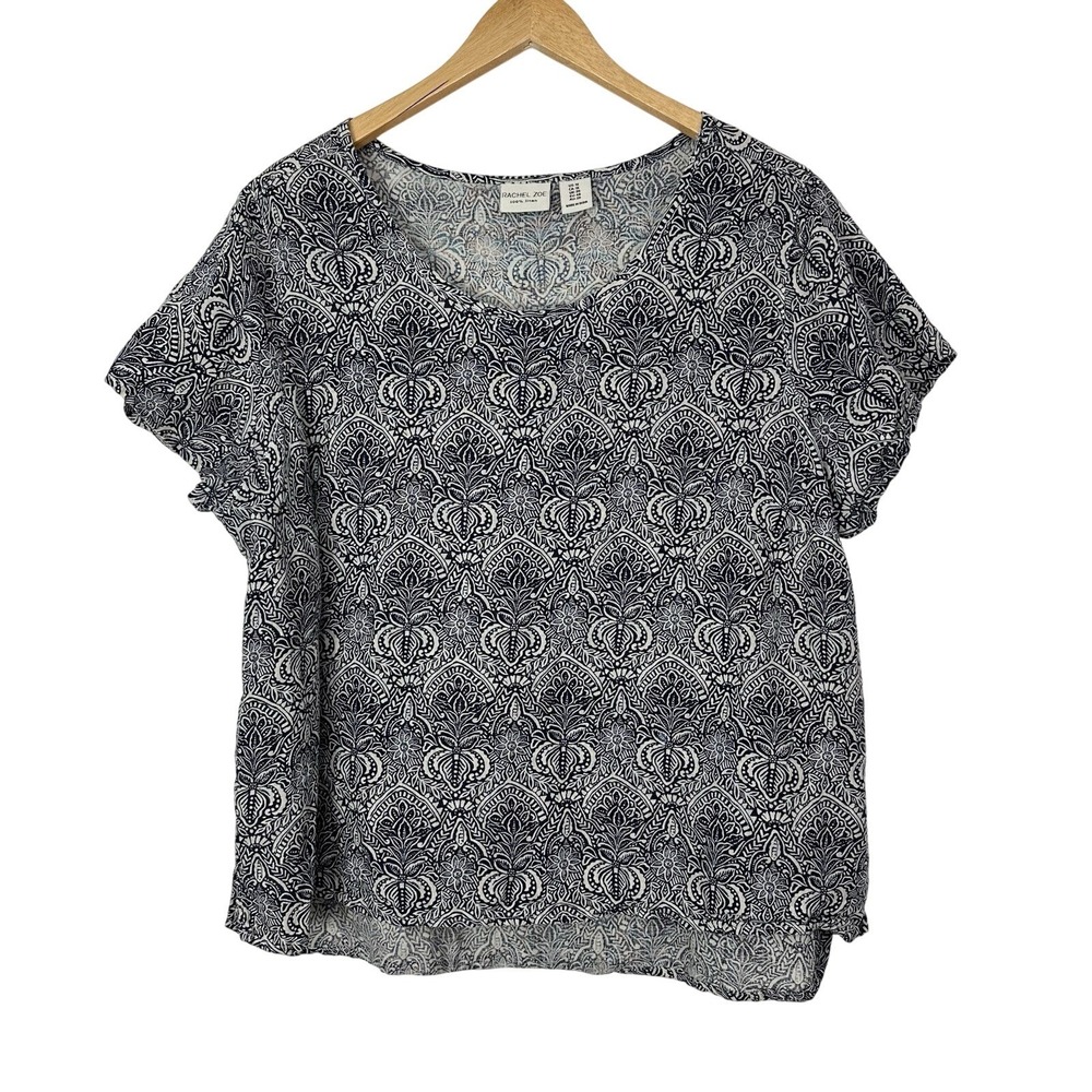 Rachel Zoe 100% Linen Top Womens Size 1X Blue White Short Sleeve Boxy Fit Floral
